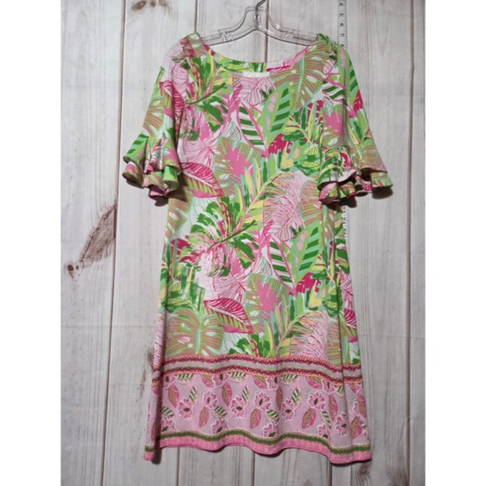 Pappagallo‎ Women Tropical Leaf Print Ruffle Sleeve Shift Dress Medium